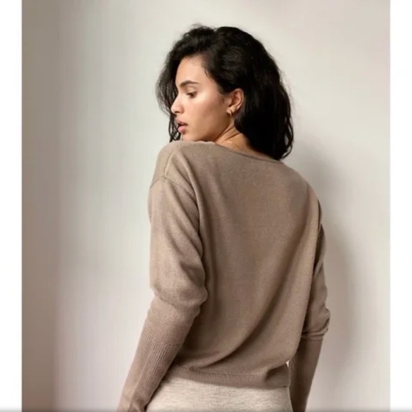 Aritzia Wilfred Knit Sweater Cyprie V-Neck 100% Merino wool Taupe Tan Size L - Picture 2 of 14